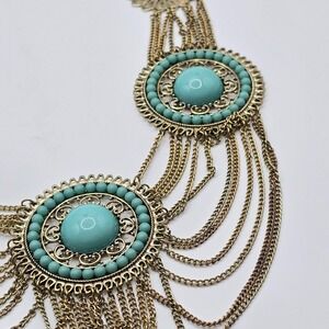 Gold Tone and Blue Statement Necklace Dangling Chains Fashion Boho Festival